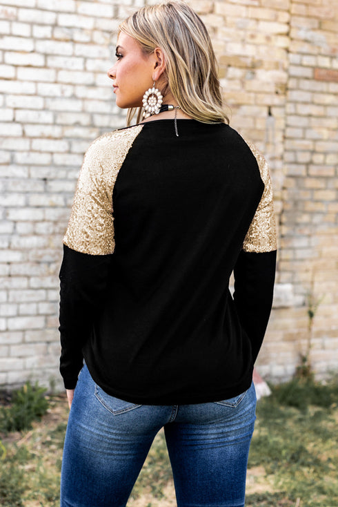 Black Leopard Letter Print Sequin Patchwork Long Sleeve Top